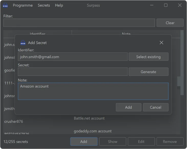 The add secret dialog