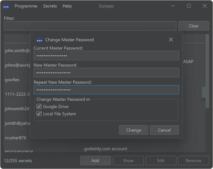 The change master password dialog