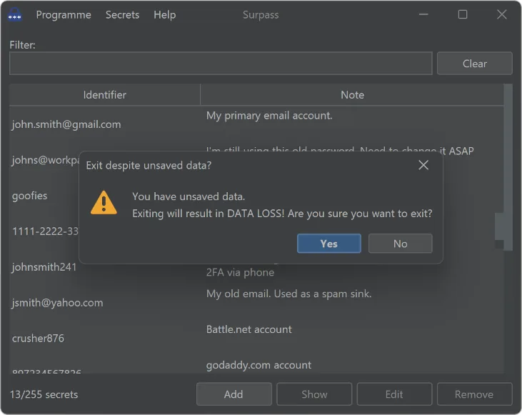 A warning shown when exiting with unsaved data