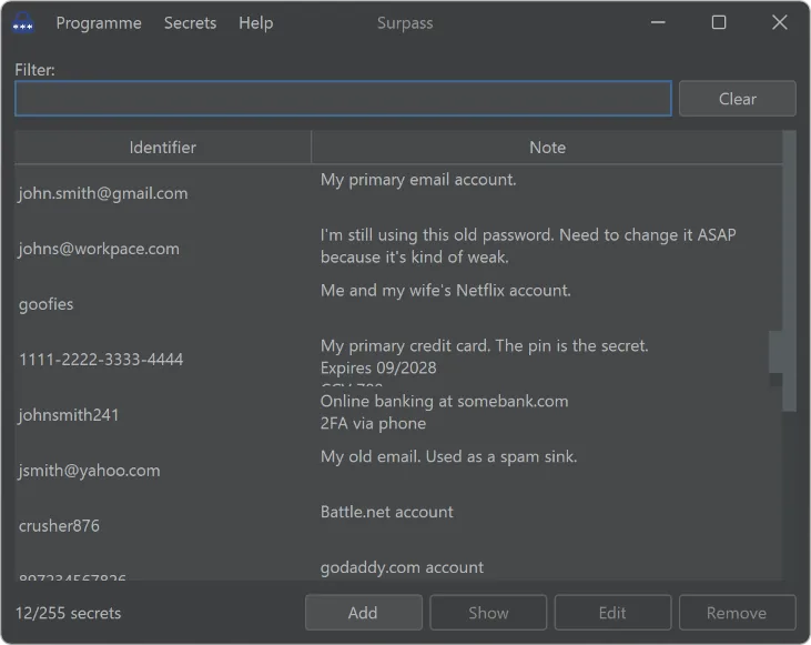 A list of stored secrets with notes